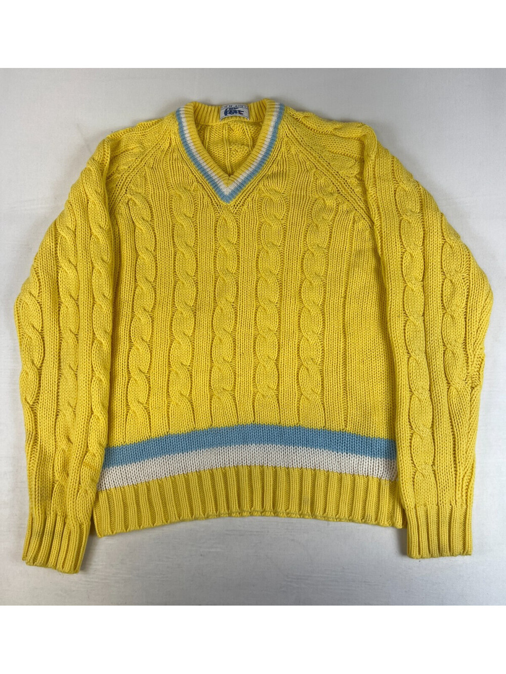 Vintage Chemise Lacoste Yellow Cable Knit Tennis Sweater V-Neck Womens Medium
